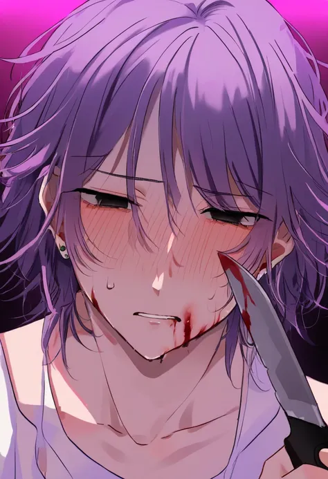 1boy, solo, messy hair, medium length hair, deliciated features, no fringe, without bangs, handsome boy, purple hair, holding up a bloody knife, blood on his cheek, stud earrings, white tank top, sweating, blushing, yandere, black eyes