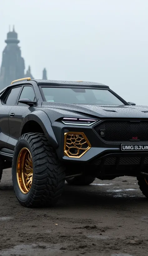 " An armored off-road with a futuristic and ultra-luxurious design ,  covered by a black metallic layer with details in liquid gold on the edges . The wheels are gigantic ,  with transparent rims that seem to be made of reinforced glass ,  and have interna...