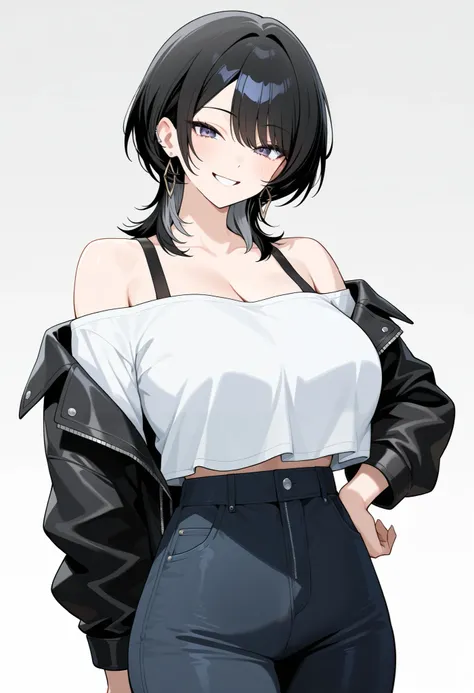 1girl. An illustration of a girl with wolf cut hair. She is wearing a white shirt and black jacket. She greets her friends with a smile sensitive, upper body, looking at viewer, black hair, wolf cut, large breasts, earrings, off-shoulder shirt, shirt overh...