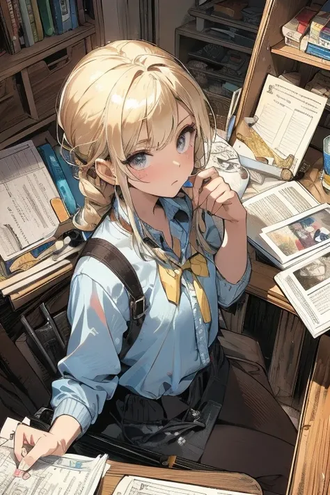 (from above:1.2,Best Quality),a girl , platinum color hair、masterpiece, highest quality, Very detailed, 16k, Ultra-high resolution, Cowboy Shot, One  girl, Detailed face, Perfect Fingers, Golden Eyes, Blonde, Braid, A vest with many pockets, Shorts, Explor...