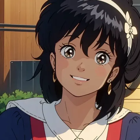  High Quality ,   Masterpiece , black hair,  brown skin,  shortcut ,  1 girl,  smile, smile, 80&#39;s anime vibe, style of Macro,   Im studying 80s anime style,   80s anime art style  , Macro, 1980s anime style, 

