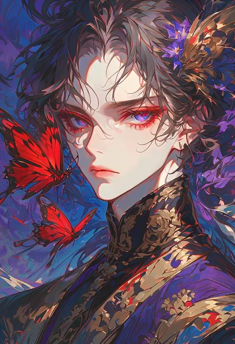 (outrageous, high resolution, ultra-precise), (male), single, handsome, detailed eyes and detailed faces, visual art, mysterious, hiyan hair, long hair, red eyes, prairie gentian background, (boy), red butterfly, red butterfly on the back