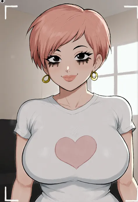 Sexy busty girl with t-shirt, camera zoom from her face to her waist, high detail pink lips, black eyes mascara, yellow earrings, cool short hairstyle, smiling, in the living room, really massive breast and busty girl