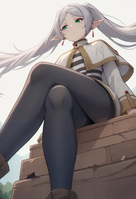 frieren, long hair, twintails, (green eyes:1.5), grey hair, pointy ears, elf, shirt, long sleeves, jewelry, pantyhose, earrings, black pantyhose, capelet, striped shirt, legs crossed, from below, beneath her boots, giantess, showing sole of boot, simple wh...