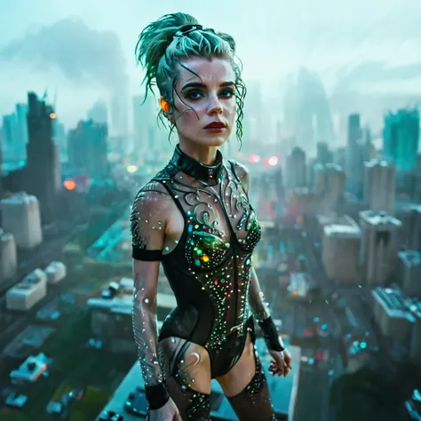 abstract colors, texture, film grain, skin pores:0.1 intricate dramatic portrait of a beautiful windblown scifi scientist standing on a balcony overlooking a futuristic (solarpunk)1.2 city, foggy morning, cinematic movie still frame, blade runner 2049, pun...