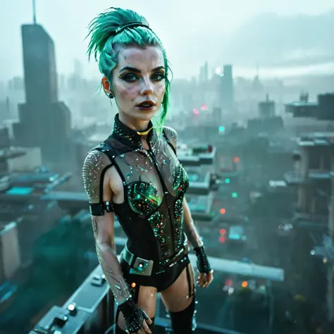 abstract colors, texture, film grain, skin pores:0.1 intricate dramatic portrait of a beautiful windblown scifi scientist standing on a balcony overlooking a futuristic (solarpunk)1.2 city, foggy morning, cinematic movie still frame, blade runner 2049, pun...