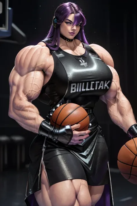 ((Close-up)), tall, (violet purple hair) beautiful muscular woman, long hair with long bangs, white skinned, ((smirking)), (black lipstick), (massive muscles), (hyper muscle), ((ginormous bulky muscles)), black eyes, ((((long metallic basketball jersey Dre...