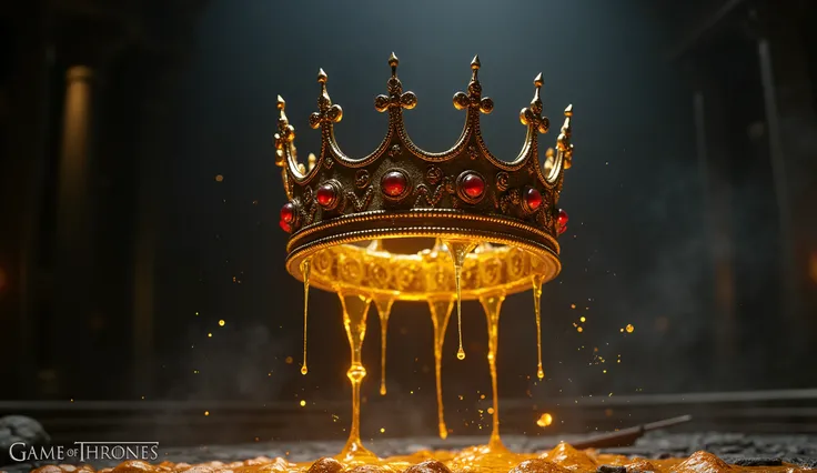 Molten gold falls on a crown identical to the crown of the Baratheons from Game of Thrones that is floating in the air against a dark scene background