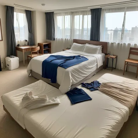 (super real:1.6), (best quality:1.6), (8k:1.4), (super detail:1.4), ( Scenery), (one-room apartment), (room), (Single bed), (Small window), ( clothes that have been taken off are placed in a mess on the bed), ( disheveled beds in Tokyo), (Bra removed), (Re...