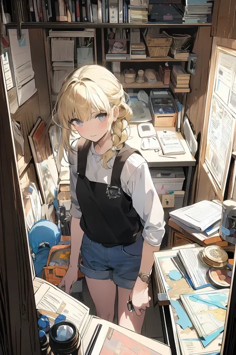 (from above:1.2,Best Quality),a girl , platinum color hair、masterpiece, highest quality, Very detailed, 16k, Ultra-high resolution, Cowboy Shot, One  girl, Detailed face, Perfect Fingers, Golden Eyes, Blonde, Braid, A vest with many pockets, Shorts, Explor...