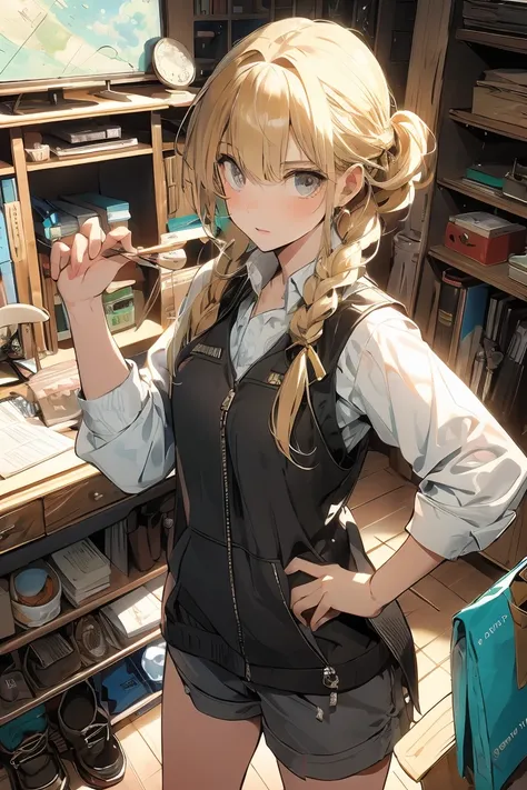 (from above:1.2,Best Quality),a girl , platinum color hair、masterpiece, highest quality, Very detailed, 16k, Ultra-high resolution, Cowboy Shot, One  girl, Detailed face, Perfect Fingers, Golden Eyes, Blonde, Braid, A vest with many pockets, Shorts, Explor...