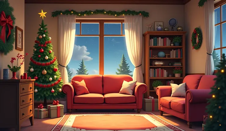 anime style: Christmas decorations, A cozy home, decorated with classic Christmas ornaments and traditional colors. The scene evokes a sense of nostalgia and family tradition. 
Enhanced all, cinematic photo, cinematic lights, 8k realistic. Full body view, ...