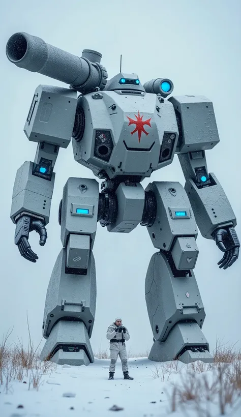 A heavily armored, winter-themed mech with thick plating designed for arctic warfare. Its exterior is frosted with ice, and glowing blue energy cores pulse beneath the surface. Towering over a snowy tundra, the mech carries a colossal railgun on its should...