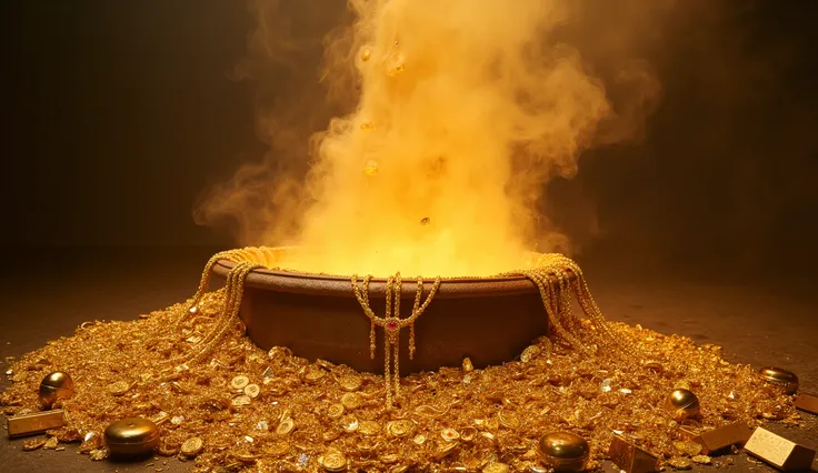 a treasure of gold and gold jewelry falls into a large boiling gold boiler with a dark background