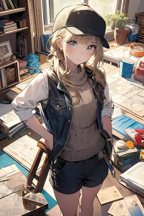 (from above:1.2,Best Quality),a girl , platinum color hair、masterpiece, highest quality, Very detailed, 16k, Ultra-high resolution, Cowboy Shot, One  girl, Detailed face, Perfect Fingers, Golden Eyes, Blonde, Braid, A vest with many pockets, Shorts, Explor...