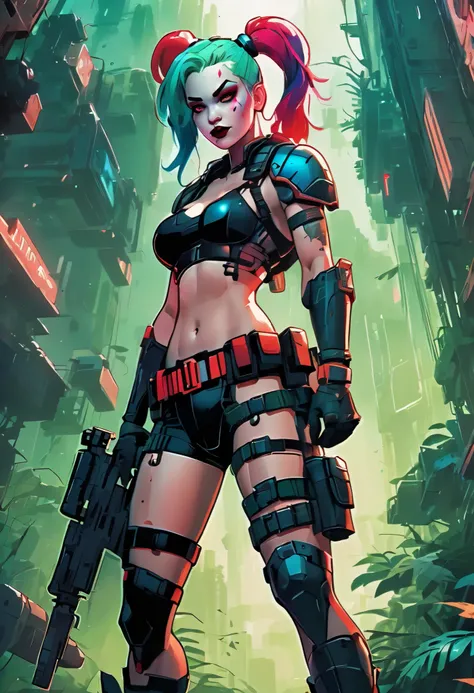 Illustration of Harley Quinn with colored hair, futuristic warrior clothing and porn actress body, huge breasts, thick thighs, muscular body with military green cropped wearing soldiers chain and black shorts and black boots and she has a technological sup...