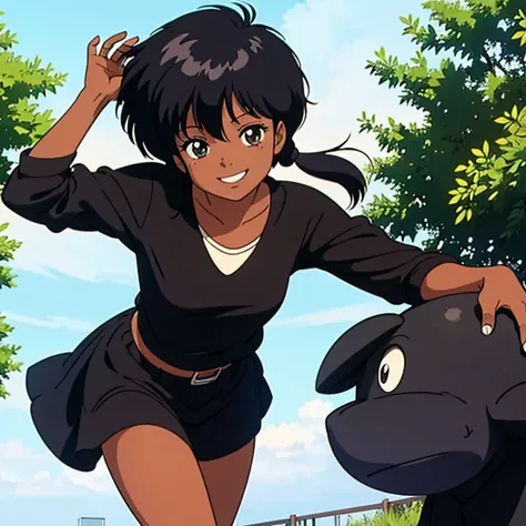  High Quality ,   Masterpiece , black hair,  brown skin,  shortcut ,  1 girl,  smile, smile, 80&#39;s anime vibe, style of Macro,   Im studying 80s anime style,   80s anime art style  , Macro, 1980s anime style, 

