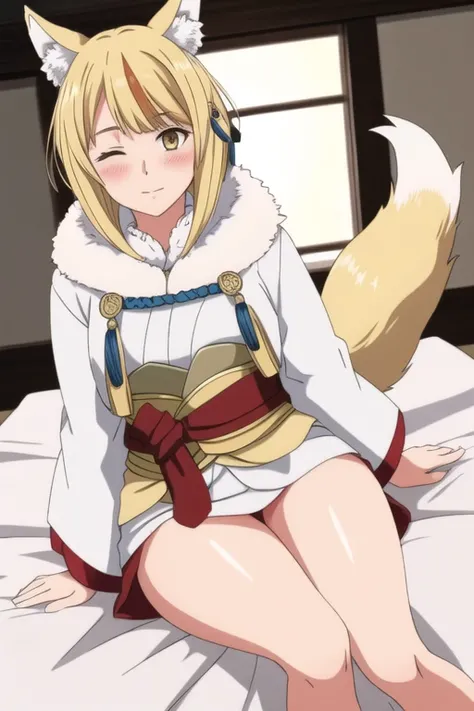 selkie fe, 1girl, solo, looking at viewer, blush, sitting, on bed, thick thighs, japanese clothes, fur trim, one eye closed, blonde hair, red highlight, dynamic angle