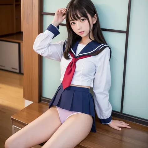  Max Image、 top quality、 highest resolution、  masterpiece  、 Portraits、 sailor suitを着た女性がベッドで本を読んでいます, a hyper Realistic High School Girls , hyper Realistic High School Girls ,  Cute High School Girl , ( Pose with Open Legs ),  Realistic Young Gravure Idol...