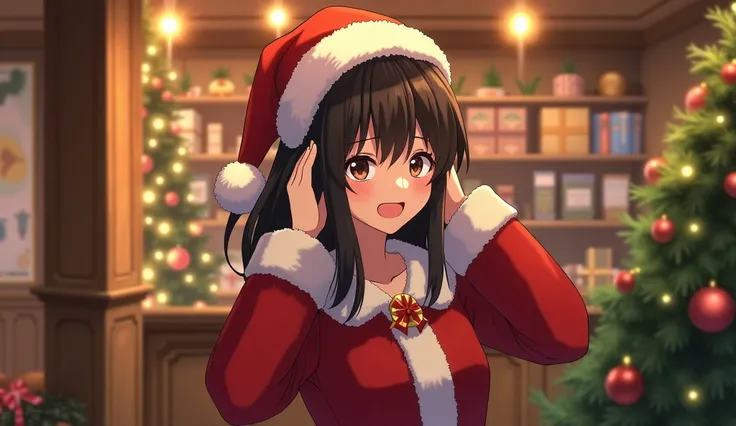 anime style: Christmas decorations, beautiful anime woman in her 30s
dressed in a Santa Claus costume, greets visitors with a cheerful demeanor. Behind the mask, however, they may be feeling anxious or stressed. The scene should emphasize the performative ...