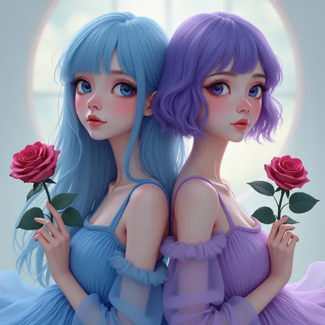 girl blue hair long hair blue eyes blue dress blue rose girl purple hair short hair black eyes purple dress purple rose