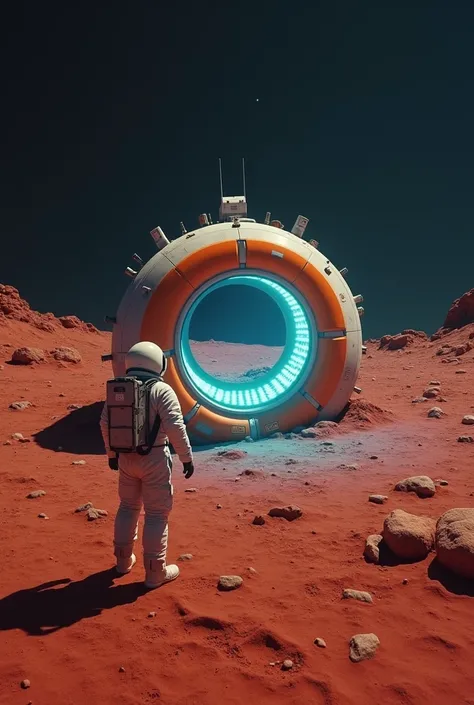 Highly detailed photograph VHS quality still of small circular upright loop  crashed spaceship ((orange logo ))  1980s highly detailed (()) on red dusty moon. Strange blue light glowing on inner face of loop. Science fiction. Incredible detail. Cinematic. ...