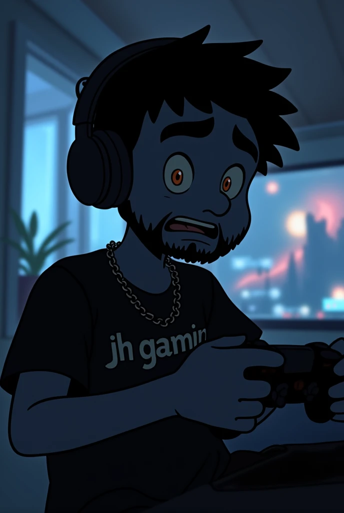 Animated silhouette annoying gamer boy,  short black hair ,  brown eyes, Beard and mustache.  With a shirt that says “JH GAMING” . Gamer control and headphones . Who has a chain around his neck and is playing in style. bottomless