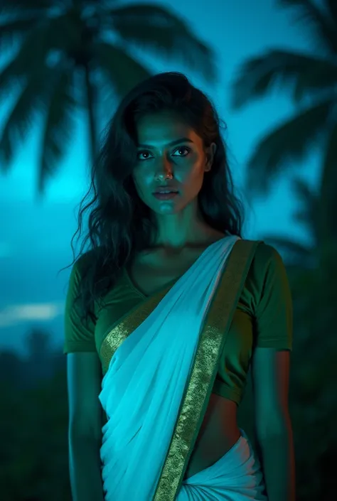 A horror photo of a malayali woman wearing  white shree with golden border and green  blouse,seductive eyes and her face lit up, cocounut and palm trees with blue hue in the background 