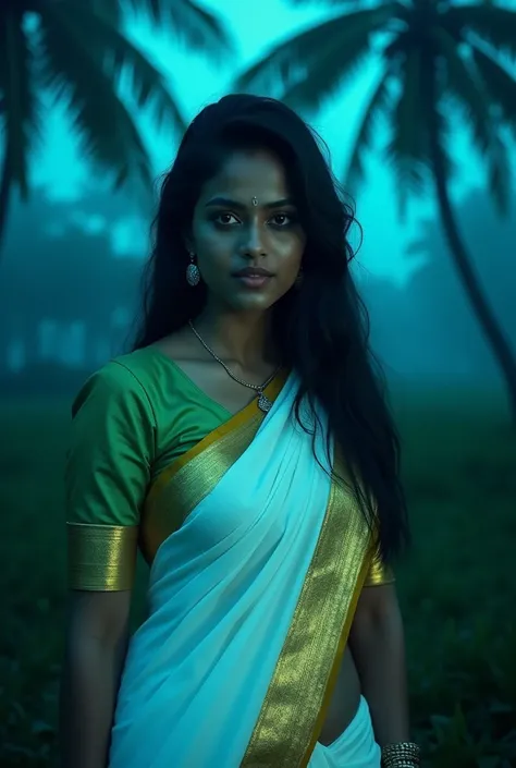 A horror photo of a malayali woman wearing  white shree with golden border and green  blouse,seductive eyes and her face lit up, cocounut and palm trees with blue hue in the background 