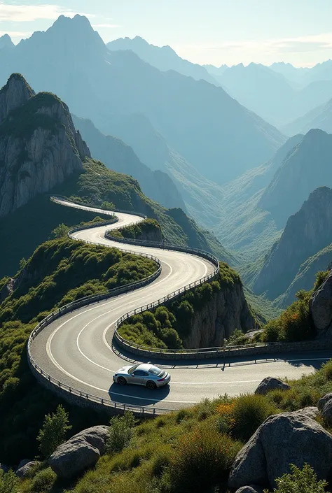 In the middle, there is a mountain track and one Porsche 911, and this can be seen from a bird square