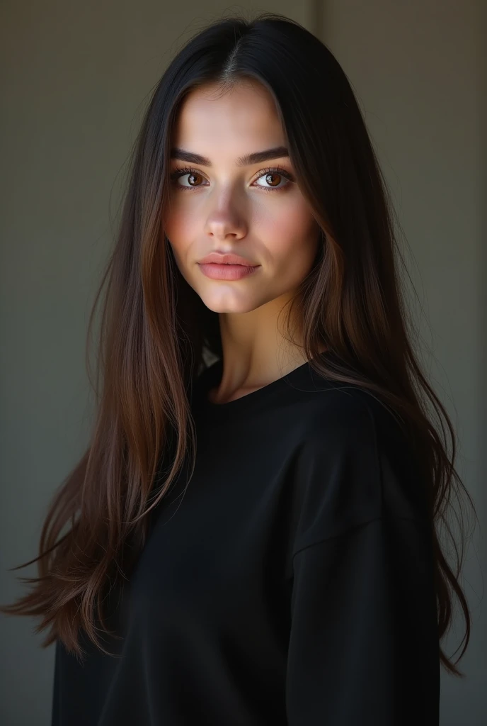  22 year old girl with straight hair ,  long and dark brown color .  white skin ,  oval face and upturned nose .  With black eyes .  With a long sleeve black t-shirt .  With the vibes of a strong and empowered woman, sexy and faithful .