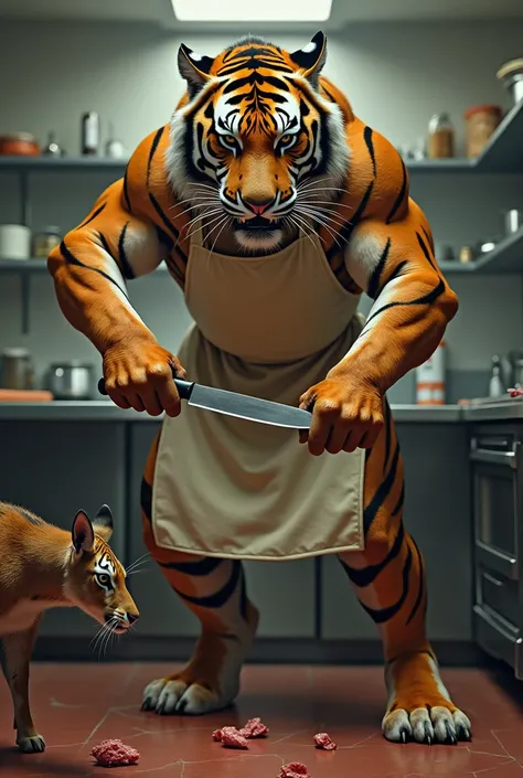 A tiger is cutting Deer in a restaurant kitchen standing with knife wearing kitchen apron 