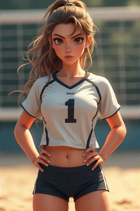 hair: light brown, ,  with a messy and sporty style .

Clothes:  volleyball uniform  ( short sleeve t-shirt and shorts ),  maybe with a visible number on the shirt .

 expression: certain, a little challenging ,  with tight lips or an intense look .

Body ...