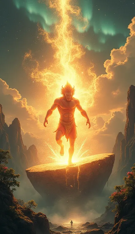  mystical and natural depiction of the birth of Sun Wukong, the Monkey King, brought to life by the harmonious fusion of nature and cosmic magic. The scene shows a radiant stone resting atop a sacred mountain, surrounded by lush forests, flowing rivers, an...