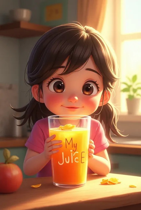 A girl who drinks juice and the glass says my juice  