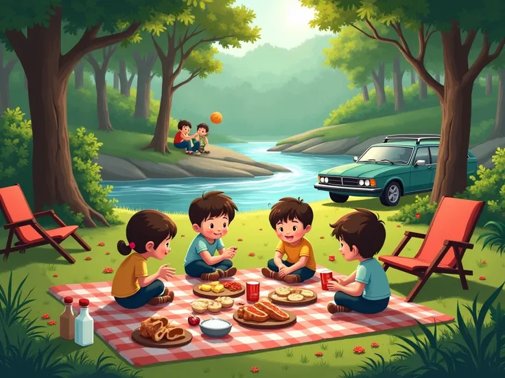 a picnic with salt  , meat with chairs a book  ,Wood ,Be ,milk ,air ,Lana a river in the woods and two boys playing ball a girl studying a parked family car 