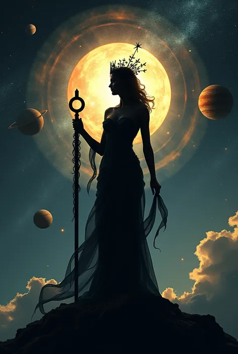 A silhouette of a Greek goddess, The planets Venus and Saturn and the symbol of the feminine gender 