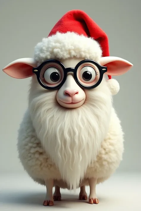 A white sheep , And crazy that she has round lenses ,  the frame is black and the red glasses ,  wears a Santa Claus beard and Santa Claus hat.