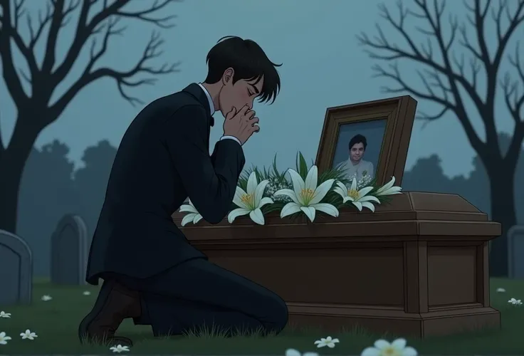 A somber scene of a young man in his early twenties, dressed in formal black attire, kneeling and crying in front of a closed wooden coffin adorned with white lilies and a framed photo of the deceased. The setting is an outdoor cemetery on an overcast day,...