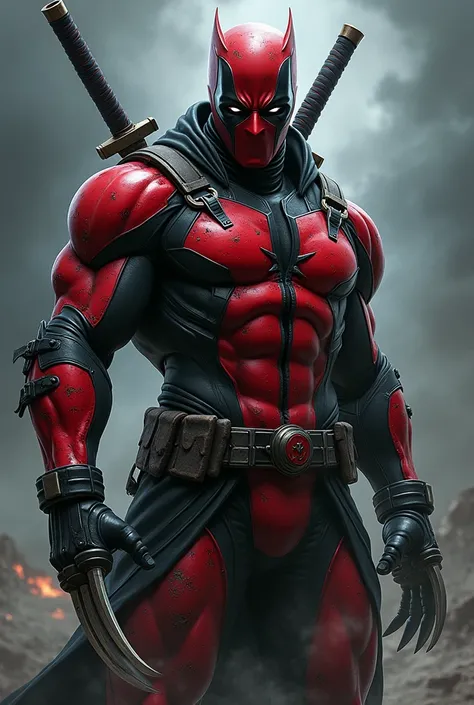 A highly detailed and ultra-realistic illustration of a hybrid superhero-like character that fuses the traits of a red-and-black-suited katana wielder and a rugged, clawed warrior. The character wears a sleek red and black suit with battle-worn textures, f...