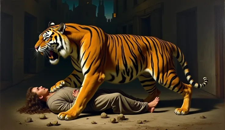 an attractive tiger eats a villager, like an ancient Renaissance chiaroscuro painting in the middle of a nighttime village.