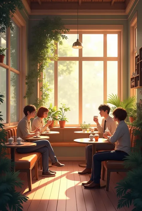 A cozy café, soft music playing in the background.