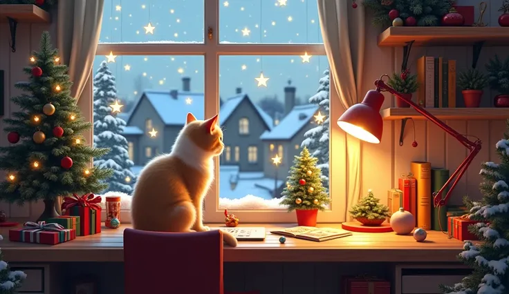 A cozy, festive room decorated for Christmas. A wooden desk is adorned with a small, beautifully decorated Christmas tree, a wrapped gift box, a plate of festive cookies, and scattered books and ornaments. A warm desk lamp hangs overhead, casting a soft gl...