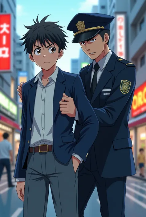 Japanese schoolboy being caught by a police officer