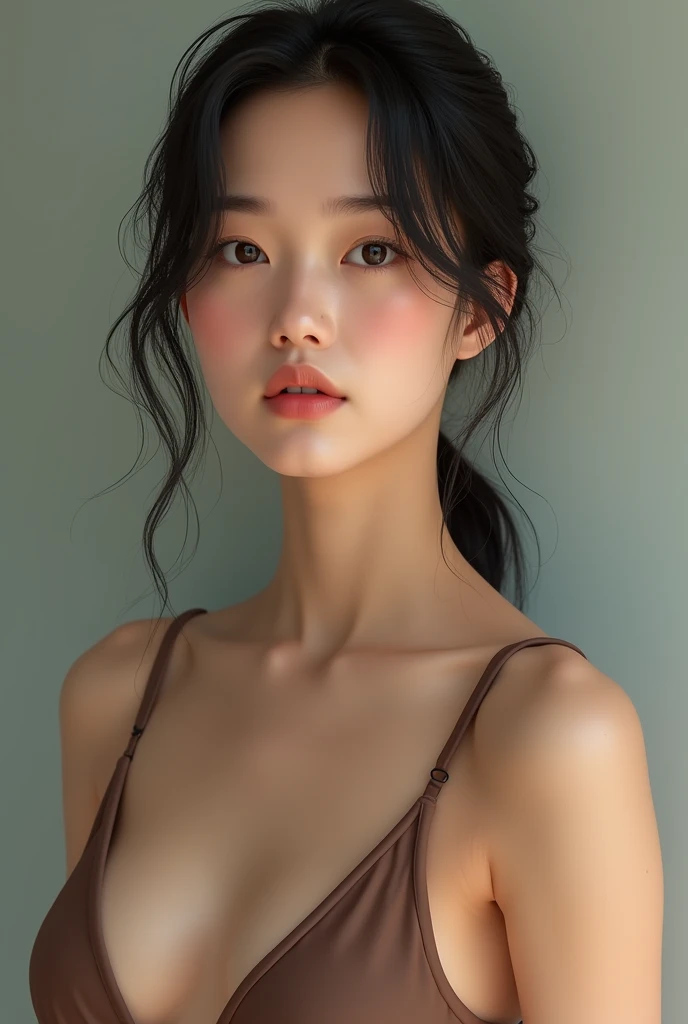 Asian type woman in a brown swimsuit, aged 20, realistic and not very well-made up 