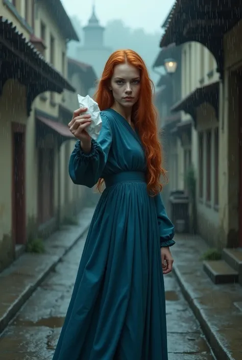 In the old street Red hair and wearing a long closed blue dress, she stretched out the crumpled paper in her hand in the rainy weather