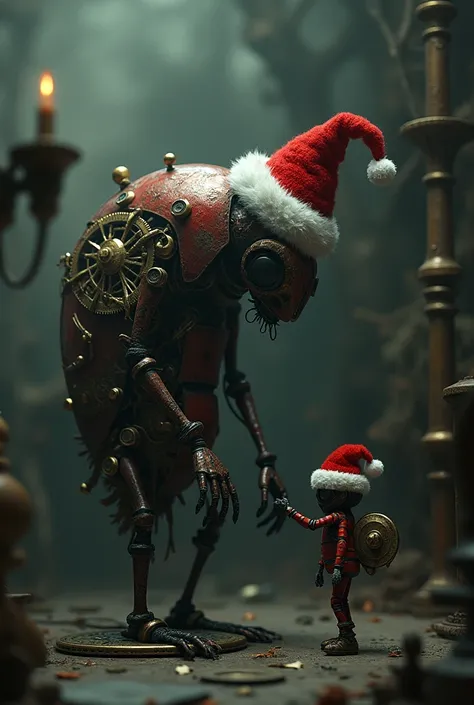 a vanishingly small kafkaesque bug wearing a santa cap, massive complicated christmas themed clockwork nightmare machine, intricate gears and mechanisms, dark moody lighting, cinematic composition, dramatic shadows, muted color palette, highly detailed, 8k...