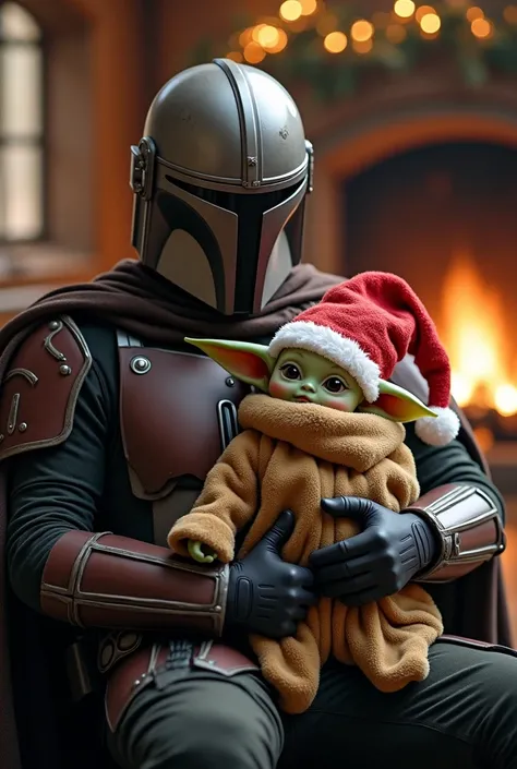 Mandalorian with baby Yoda in his lap wearing a Christmas hat