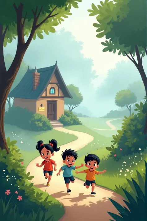 A small village covered in morning fog. Dewdrops glisten on leaves, and the dirt path leads to Maya’s house as Maya, Ria, and Tuku run joyfully through the misty air.
All images cartoon type.