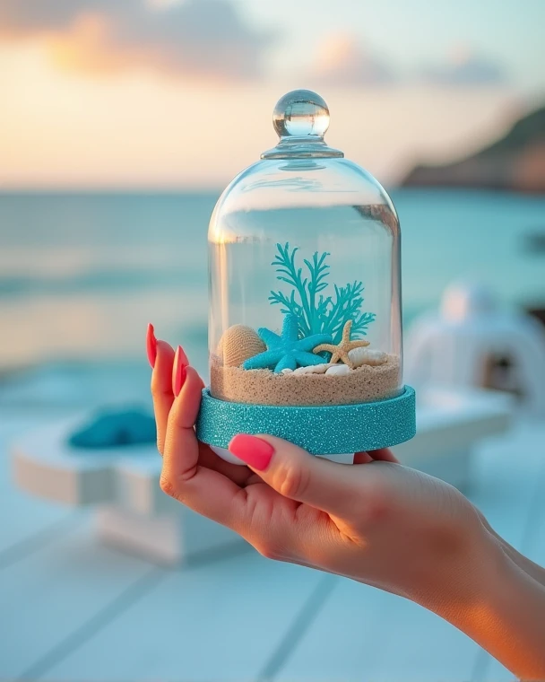 a female hand with coral stiletto nails holding a small transparent dome with sand and water, shells, sea stars and blue corals inside. the base has a blue glitter bow. The background is a light blue modern birthday party outdoors in Malibu, white wooden f...